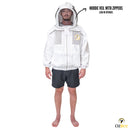 Person wearing a white hoodie veil with zippers on a white background, featuring the OZBEE brand.